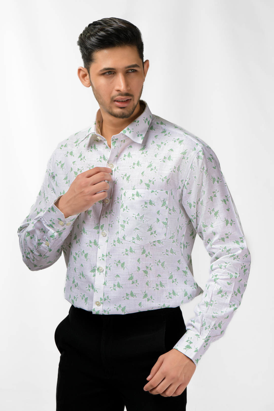 Tissufin White With Light Green Floral Printed Pure Cotton Shirt