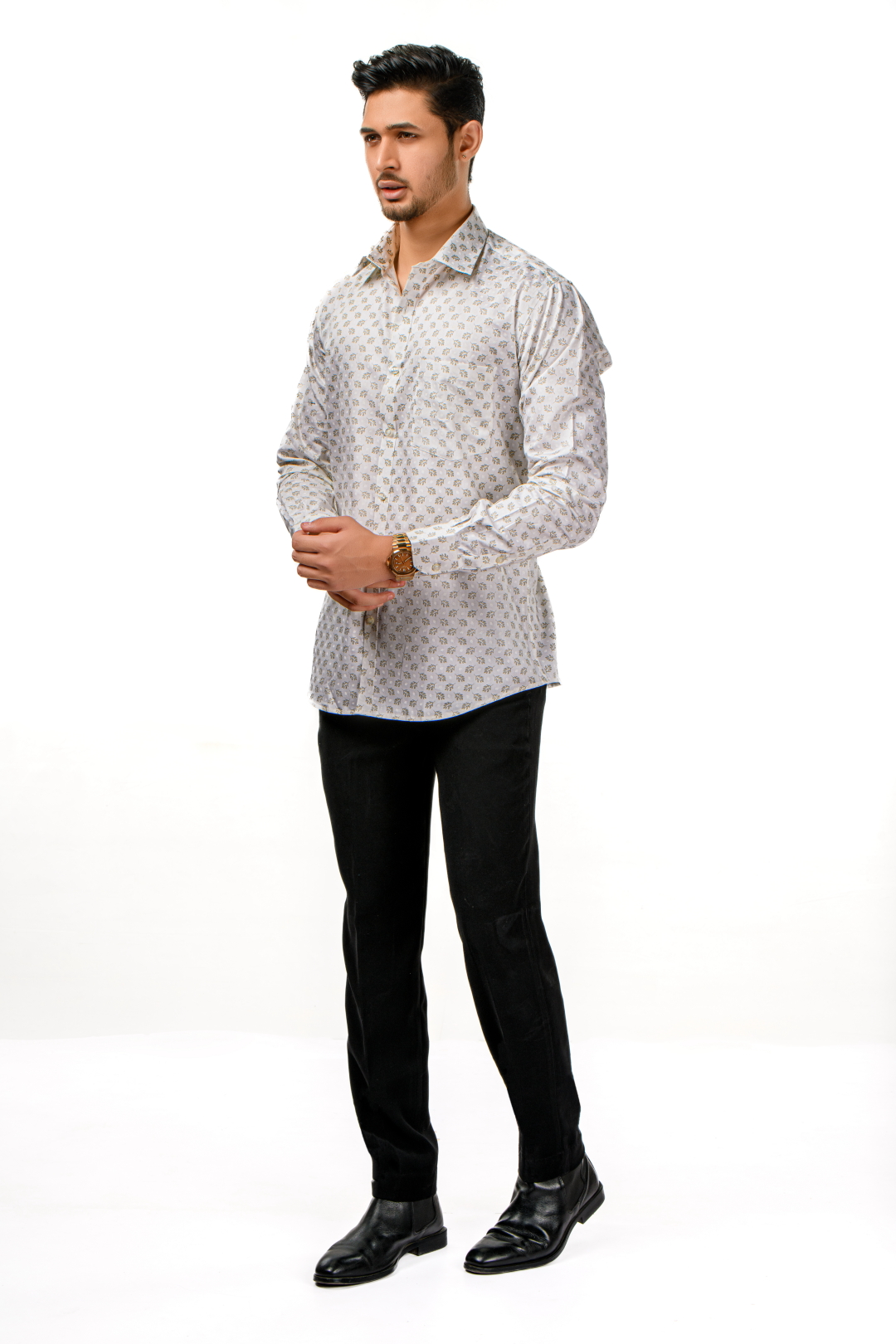 Tissufin White With Light Green Printed Pure Cotton Shirt