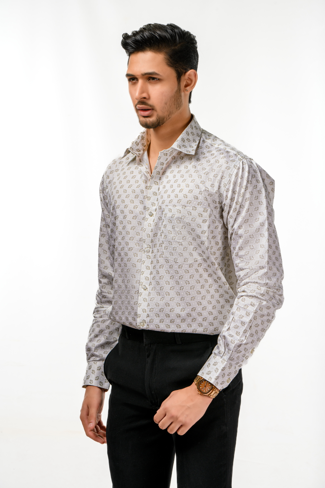 Tissufin White With Light Green Printed Pure Cotton Shirt